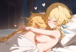 1boy 1girls aether_(genshin_impact) ai_generated blonde_hair blush brother_and_sister genshin_impact horny_female hugging incest lumine_(genshin_impact) mihoyo pleasure_face sex straight