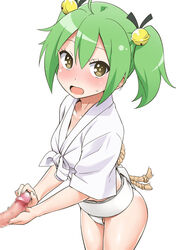 bell blush breasts censored female fundoshi gj-bu green_hair hair_bell hair_ornament handjob japanese_clothes jingle_bell kannazuki_tamaki open_mouth penis short_hair solo_focus straight sweatdrop tied_hair twintails yamakasa yellow_eyes youkan