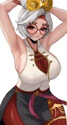 1girls absurdres armpits arms_up black_skirt breasts edmun6969 eyeshadow female glasses goggles goggles_on_head grin highres large_breasts looking_at_viewer makeup mole mole_on_breast nintendo pantyhose purah purah_(tears_of_the_kingdom) red-framed_eyewear red_eyes red_eyeshadow red_pantyhose round_eyewear shirt side_slit simple_background skirt sleeveless sleeveless_shirt smile solo sweat tears_of_the_kingdom the_legend_of_zelda the_legend_of_zelda:_tears_of_the_kingdom white_background white_hair