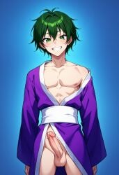 1boy ahoge ai_generated bangs_between_eyes blossomtea blush blush_lines civitai collarbone dilf dot_nose eyebrows eyebrows_visible_through_hair flaccid flaccid_penis genderswap_(ftm) green_eyebrows green_eyes green_hair green_highlights grin hassaku_xl highlights highlights_(coloring) japanese_clothes kimono kimono_down light_blush male_only masa_works_design messy_hair nipples obi oni_to_kitsune_no_hanashi partially_nude partially_nude_male penis purple_kimono rule_63 ryou_shishikusa sash scrotum self_upload short_hair solo teeth testicles veins veins_on_dick veiny_penis white_sash