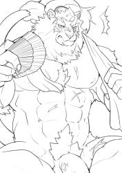 abs anthro blush embarrassed felid flaccid genitals hi_res lifewonders lion live_a_hero male mammal mane muscular muscular_anthro muscular_male nipples nude pantherine pecs penis penis_base private_chidori pubes scar solo toshu towel