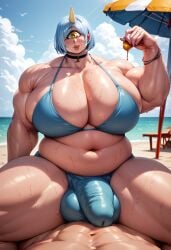 ai_generated beach_chair beach_umbrella big_belly big_breasts bulge bulge_frottage cyclops elf-san_wa_yaserarenai futa_is_bigger futa_on_male futadom hitome huge_balls huge_belly huge_breasts huge_cock massive_balls massive_breasts massive_penis massive_thighs muscular_futanari notexactlyrealok plus-sized_elf