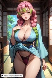 ai_generated big_breasts cleavage demon_slayer gradient_hair green_eyes kanroji_mitsuri kimetsu_no_yaiba kimono kimono_lift naughtygirlsai panties