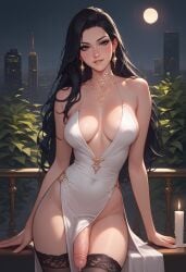 1futa 2d ai_generated arm_support balcony balls big_ass big_penis biting_lip black_eyes black_hair black_legwear candle cityscape decensored dress earrings flaccid futanari halterneck horny hourglass_figure jewelry large_penis light-skinned_futanari long_hair looking_at_viewer medium_breasts night original original_character outdoors pelvic_curtain penis_out penis_reveal pervert precum revealing_clothes santopati seductive self_upload sleeveless sleeveless_dress slim_waist smile solo_focus thighhighs wardrobe_malfunction white_dress