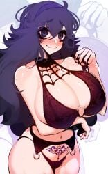 1girls @_@ arm_under_breasts bare_arms bare_shoulders black_bra black_eyeshadow black_nails black_panties blush bra breasts cleavage closed_mouth cowboy_shot creatures_(company) embarrassed eyeshadow female female_focus from_side game_freak garter_belt hairband hand_up hex_maniac highleg highleg_panties highres huge_breasts long_hair makeup nail_polish nervous nervous_smile nintendo panties pokemon pokemon_xy pubic_tattoo purple_eyes purple_hair purple_hairband purple_tatto sachiko sachiko_lashes sachiko_shirayuki simple_background smile solo standing straight-on tattoo thighs underwear wavy_mouth wide_hips