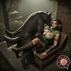 ai_generated black_hair canine cum cum_inside elf elf_ears exposed_breasts female green_eyes impregnation large_breasts legs_spread missionary_position naestra pony_diffusion_xl warhammer_(franchise) warhammer_fantasy wolf wood_elf wood_elf_(warhammer) zoophilia