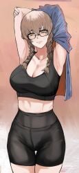 1girls amane_suzuha armpits arms_behind_head athletic_female bike_shorts black_bike_shorts black_sports_bra braided_hair brown_hair cleavage female fully_clothed fully_clothed_female glasses midriff nero_watch not_porn sfw solo sports_bra steins;gate tomboy track_jacket twin_braids workout_clothes yellow_eyes