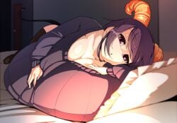 1girls big_breasts black_stockings breasts demon demon_girl demon_horns gigantic_breasts huge_breasts large_breasts looking_at_viewer mel_(shiro) naze on_bed open_mouth pov purple_eyes purple_hair succubus