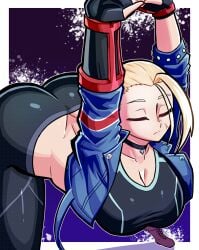 absurdres arms_up ass asymmetrical_gloves black_sports_bra blonde_hair blue_jacket bracelet breasts butt_crack cammy_stretch_(meme) cammy_white cammy_white_(street_fighter_6) cleavage cropped_jacket facial_scar female gloves highres jacket jewelry large_breasts meme pants pendant_choker scar scar_on_cheek scar_on_face short_hair simple_background solo sports_bra street_fighter street_fighter_6 stretching tight_clothes tight_pants vkid