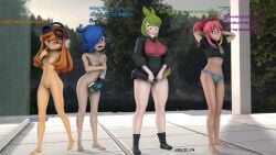 3d 4girls blue_hair clothed_female_nude_female cybernetic_arm cybernetics female female_focus female_only ginger ginger_hair green_hair hotpants human_meggy meggy_spletzer melony_(smg4) mesugaki meta_runner naked_female no_panties pink_hair questionable_consent saiko_bichitaru_(smg4) smg4 squid_fm tari_(smg4) too_small_clothes