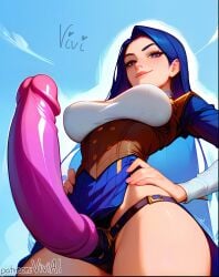 1girls ai_generated arcane arcane_caitlyn big_breasts blue_background blue_eyes blue_hair caitlyn_kiramman dildo dominant_female femdom hands_on_hips huge_cock league_of_legends long_hair looking_at_viewer pink_dildo smile strap-on tagme viewed_from_below viviai