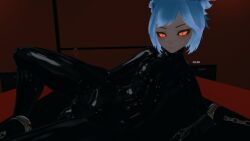 3d_model big_penis blue_hair blueysenpai cock cock_out femboy latex latex_suit naked red_eyes shiny_skin solo throbbing_penis virtual_reality vr vrchat vrchat_avatar