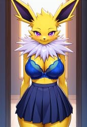 ai_generated big_breasts blue_bra blue_skirt breasts cleavage eeveelution female female_focus female_only furry jolteon kemonogirls large_breasts nintendo pleated_skirt pokemon pokemon_(species) purple_eyes school_uniform solo two_tone_body two_tone_fur white_fur yellow_fur