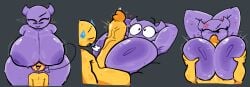 big_penis breast_over_eyes breast_squeeze breasts_bigger_than_head devil_emoji emoji emoji_(race) highres horns huge_breasts hyper_breasts hyper_penis jjoyplus large_breasts large_penis orange_tip paizuri pleasure_face purple purple_breasts purple_nipples sweatdrop veiny_penis yellow_penis