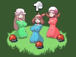 3girls artificial_vagina blush breasts creatures_(company) crying crying_with_eyes_open game_freak grass highres ink_(inksgirls) leaf_(pokemon) living_onahole living_sex_toy lyra_(pokemon) may_(pokemon) multiple_girls nintendo objectification onahole_transformation poke_ball pokemon pokemon_frlg pokemon_hgss pokemon_rse sex_toy simple_background tagme take_your_pick tears transformation