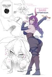 1boy 1girls animal_ears areolae bard blowjob blue_eyes blue_hair boots braid braided_hair breasts corset cottontail_(vtuber) cum cum_in_mouth dungeons_and_dragons english_text erection fellatio female female_focus gradient_hair heart-shaped_pupils heterochromia holding_object indie_virtual_youtuber large_breasts multicolored_hair myth1c myth1carts nipples open_mouth oral oral_penetration oral_sex pale-skinned_female pale_skin penis penis_in_mouth purple_eyes purple_hair rabbit_ears text tongue tongue_out tremble_spikes trembling unseen_male_face virtual_youtuber white_background