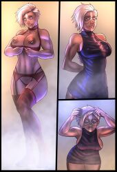 1boy 1boy1girl 1girls big_breasts comic dark_skinned_female female male nipple_piercing nipples short_hair tomboy toned toned_female undercut unop white_hair