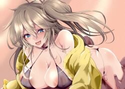 1girls areola_slip ass big_breasts bikini black_bikini blue_eyes blush breasts cardigan choker cleavage kasukabe_tsumugi large_breasts long_hair nipples open_cardigan open_mouth side-tie_bikini sika_(kakakaka) swimsuit tongue voicevox