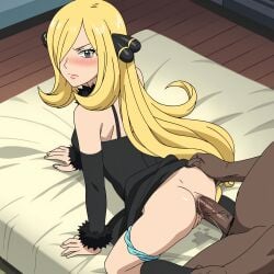 1boy 1girls ai_generated anal anal_doggy anal_juice anal_sex anime anime_style blonde_female blonde_hair blush cynthia_(pokemon) dark-skinned_male disgusted doggy_style grey_eyes hair_ornament innie_pussy interracial light-skinned_female long_hair long_hair_female nervous petite petite_body petite_female pokemon pokemon_dppt skinny straight viewed_from_above virgin