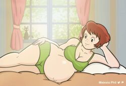 animated animated belly big_belly big_breasts bra breasts canon_pregnancy cleavage fetal_movement kiki's_delivery_service maiesio_phil mature_female milf mother on_bed on_side osono outie_navel panties pregnant red_hair short_hair skimpy studio_ghibli