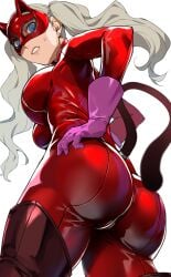 1girls ann_takamaki ass ass_focus back bakkanki blonde_hair blue_eyes bodysuit booty breasts cameltoe clenched_teeth embarrassed female from_behind from_below gloves highres huge_ass large_breasts light_brown_hair long_hair looking_at_viewer looking_back looking_down persona persona_5 red_bodysuit satoriwappa skin_tight solo sweatdrop tail teeth thick_thighs thighs twintails very_long_hair