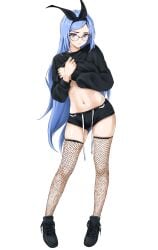 1girls blue_eyes blue_hair bow chaesu female female_only fishnets glasses long_hair minah original original_character shorts shy stomach