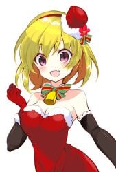 07th_expansion 2021 bells blonde_female blonde_hair blush breasts christmas christmas_outfit cute cute_face elbow_gloves female female_focus female_only hat higurashi_no_naku_koro_ni houjou_satoko light-skinned_female oerba_yun_fang open_mouth purple_eyes red_dress simple_background small_hat suzuragi_karin white_background wholesome