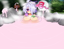 1girls big_breasts blush breasts breasts_bigger_than_head gigantic_breasts grey_hair hair_over_one_eye hi_res highres hot_spring huge_breasts large_breasts mei_(2b213) nude open_mouth phone pov purple_eyes rindou_(p41neko) slime smile tied_hair turtle