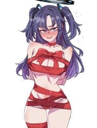 1girls anygatsby belly_button blue_archive blue_eyes blue_hair blush breasts embarrassed female female_only halo human_gift millennium_science_school_student nose_blush seminar_(blue_archive) solo twintails wrapped wrappings yuuka_(blue_archive)