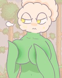 angry_dandelion(terraria) anthro blush breasts covering covering_breasts dandelion elemental_creature elemental_humanoid female flora_fauna flower hi_res humanoid plant plant_humanoid sodacrumble solo terraria yellow_eyes