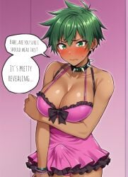 ai_generated bulge dark-skinned_futanari embarrassed futanari green_eyes green_hair morgan_(xdk141) pink_dress pov spiked_collar stable_diffusion xdk141