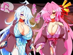 2girls big_breasts blush breasts breasts_bigger_than_head gigantic_breasts grey_hair grin hair_over_one_eye hi_res highres huge_breasts kimono kotonoha_akane large_breasts looking_at_viewer mei_(2b213) open_mouth pink_hair pov purple_eyes red_eyes rindou_(p41neko) smile stockings voiceroid