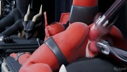 16:9 3d_(artwork) 5_fingers anal anal_sex anthro anus arms_tied ass bandai_namco bizzyniz black_body black_highlights black_scales bondage bondage bound breast_rest breasts close-up closed_eyes competition countershading digimon digimon_(species) digital_media_(artwork) dildo double_penetration duo electronics feet female fingers fucking_machine furniture game_show genitals guilmon hi_res highlights_(coloring) horn legs_tied lizard looking_pleasured machine microphone microphone_stand on_table penetration predicament_bondage pussy questionable_consent raised_tail rear_view red_body red_scales reptile scales scalie sex_toy signature solo_focus stage story story_in_description table tail tail_tied tan_body tan_scales toes vaginal_penetration vaginal_penetration watermark white_body white_scales widescreen