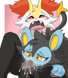 absurd_res anthro balls bodily_fluids braixen cum cum_drip cum_in_mouth cum_inside cum_on_face cum_on_penis dripping duo fellatio female generation_4_pokemon generation_6_pokemon genital_fluids genitals hi_res luxio male male/female nintendo open_mouth oral penile penis penis_in_mouth pokemon pokemon_(species) saliva saliva_on_penis sex steam tears vytelux