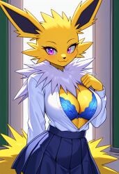 ai_generated big_breasts blue_bra blue_skirt breasts cleavage eeveelution female female_focus female_only furry jolteon kemonogirls large_breasts nintendo pleated_skirt pokemon pokemon_(species) purple_eyes school_uniform solo two_tone_body two_tone_fur white_fur yellow_fur