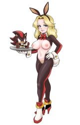 absurdres animal_ears arborialrodent blonde_hair blue_eyes breasts cosplay fake_animal_ears fake_tail female frontless_outfit full_body high_heels highres large_breasts long_hair maria_robotnik meme_attire navel nipples non-web_source pubic_hair pussy rabbit_ears rabbit_tail revealing_clothes reverse_bunnysuit reverse_outfit shadow_the_hedgehog shadow_the_hedgehog_(cosplay) solo sonic_(series) tail white_background wrist_cuffs