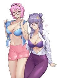 2girls artist_name bare_arms bare_shoulders black_hairband blue_shirt bra breasts cowboy_shot damobelmont double_bun floral_print grin hair_bun hair_ornament hairband heart heart_hair_ornament highres komeiji_satori large_breasts leggings looking_at_viewer miniskirt multiple_girls navel no_headwear open_clothes open_shirt pants patchouli_knowledge pencil_skirt pink_bra pink_eyes pink_hair pink_skirt purple_bra purple_eyes purple_hair purple_pants shirt short_hair simple_background skirt sleeveless sleeveless_shirt smile standing stomach thighs touhou underwear white_background white_shirt