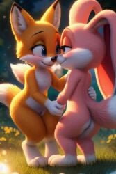 2girls ai_generated completely_nude cub female female_focus forest fox_girl furry furry_female navel nude_female orange_hair original original_character pink_fur pussy_juice rabbit_girl tongue_out yiff yuri