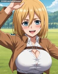 ai_generated aindroidparanoid attack_on_titan belt big_breasts blonde_hair blue_eyes blush busty christa_lenz cleavage covered_nipples cute female female_only field historia_reiss huge_breasts jacket large_breasts narrow_waist nipples outdoors shingeki_no_kyojin shirt short_hair stable_diffusion straight_hair tight_clothing