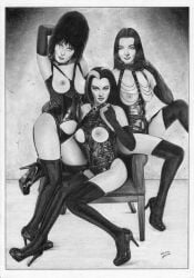 3girls black_hair breasts elvira elvira:_mistress_of_the_dark female female_only goth high_heel_boots lily_munster morticia_addams multiple_girls nipples realistic the_addams_family the_munsters timgrayson