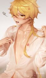 1boy absurdres aether_(genshin_impact) after_sex blonde_hair blush braid cum genshin_impact hair_between_eyes highres long_hair long_sleeves male_focus nipples one_eye_closed open_clothes open_mouth open_shirt shirt solo tongue tongue_out vcoooh white_shirt yellow_eyes