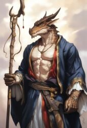 1boy 2024 abs ai_generated anthro avaru claws clothing dragon dragon_horns dragon_humanoid fantasy fantasy_creature mage male male_only muscular muscular_male reptile reptile_boy reptile_humanoid scaled_dragon scales solo staff