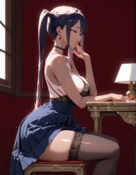 1girls ai_generated bedroom big_ass big_breasts choker colored_eyes dark_hair lewdwaifulaifu looking_at_viewer original_character side_view sitting sitting_on_chair skirt twintails