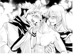 3boys itadori_yuuji jujutsu_kaisen kissing mahito_(jujutsu_kaisen) male_only mmm_threesome nipple_teasing ryoumen_sukuna_(jujutsu_kaisen) tongue_out yaoi