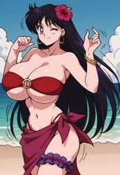 ai_generated alternate_breast_size bandeau bandeau_bikini beach bikini bikini_bottom bikini_top bishoujo_senshi_sailor_moon black_hair flower flower_in_hair hoop_earrings huge_breasts large_ass large_breasts long_hair navel o-ring o-ring_bikini o-ring_swimsuit o-ring_top pony_diffusion_xl purple_eyes red_bikini rei_hino sailor_mars sarong side_boob swimsuit underboob