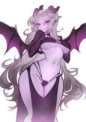 1girls belly_button birb_(vtuber) breasts clothed clothing female female_only horns huge_breasts indie_virtual_youtuber monster_girl purple-skinned_female purple_skin red_eyes solo sui_(sui5hiro) virtual_youtuber white_hair wings