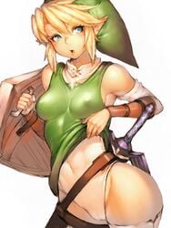 1girls armpit bangs blonde_hair blue_eyes breasts cameltoe canon_genderswap clothing female female_only fumio_(rsqkr) genderswap_(mtf) hat hips hourglass_figure hylian leotard link master_sword mtf_transformation navel nintendo no_panties open_mouth pale_skin perky_breasts pointy_ears puffy_areola rule_63 scabbard shield shirt_lift short_hair sideboob simple_background small_breasts solo spiky_hair standing sword the_legend_of_zelda thighhighs tunic vulva weapon wide_hips