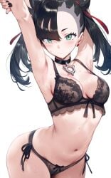 ai_generated armpits arms_up ass_visible_through_thighs bare_arms bare_belly bare_legs bare_shoulders bare_thighs belly_button black_bra black_hair black_panties blush bra breasts choker cleavage closed_mouth collarbone earrings green_eyes lace-trimmed_bra lace-trimmed_panties lingerie marnie_(pokemon) medium_breasts panties pokemon setsuaiart side-tie_panties sweatdrop thighs twintails underwear