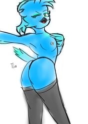 anthro ass ass_focus avian avian_humanoid bird blue_body bluetitbird covering covering_breasts female from_behind green_eyes nipples nude nude_female self_upload selfie simple_background small_breasts smile tagme tongue tongue_out white_background wink winking_at_viewer