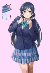 blue_hair green_eyes hair_ribbon looking_at_viewer love_live! pink_background ribbons school_uniform schoolgirl_uniform skirt smile solo standing strip_game stripgame teeth tojo_nozomi twintails